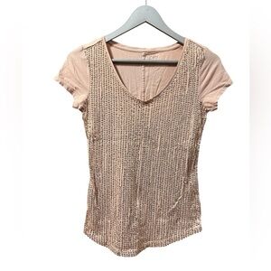 LOFT Short Sleeve Sequin Shirt – Pale Pink, Size XXS.
